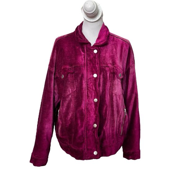 Free People Velvet Trucker Jacket Women’s Size XS/S Fuchsia Pink Oversized Snap - Picture 2 of 15